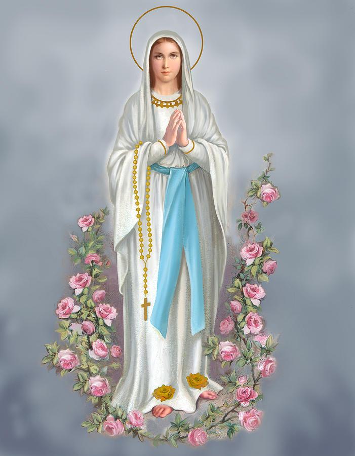 Blessed Virgin Mary with a Rosary on her right arm praying for the Church on Earth from the Church in Heaven. 